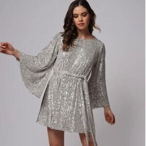 NWT Jay Godfrey “Maggie” Dress. Silver Champagne Color Bell sleeves! MSRP $375